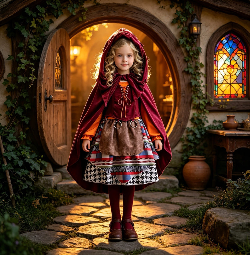Witchy Style Halloween Children's Costume Performance Dress Medieval Cosplay Little Red Riding Hood Cloak Cape Dress