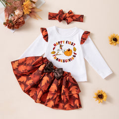 Halloween Maple Leaf Long Sleeve T-Shirt Set for Girls, Satin Maple Leaf Skirt with Headband, Thanksgiving Baby Party Outfit