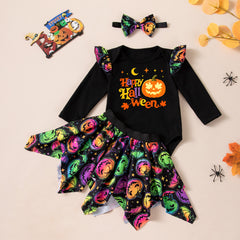 Halloween Baby Girl Outfit Set Colorful Pumpkin Print Long Sleeve Romper Skirt 3-Piece Set