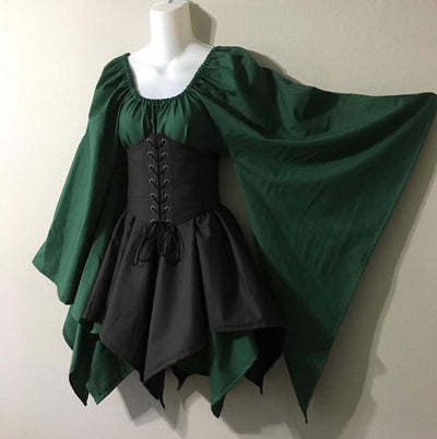 Adult Women Medieval Elf Fairy Elven Costume Wench Celtic Princess Dress Lace Up Waist Cincher Corset Set Halloween Party Dress