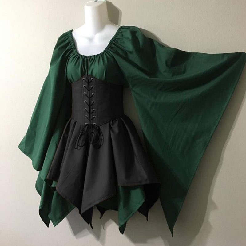 Adult Women Medieval Elf Fairy Elven Costume Wench Celtic Princess Dress Lace Up Waist Cincher Corset Set Halloween Party Dress
