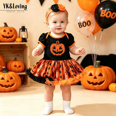 Halloween Baby Outfit Cartoon Pumpkin Tulle Romper Dress 2-Piece Set Baby Party Costume