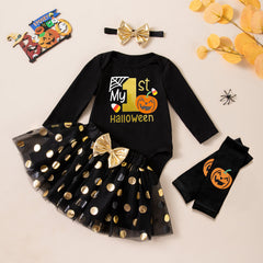 Cute Baby Halloween Long Sleeve Bodysuit with Gold Polka Dot Mesh Skirt, Headband, Pumpkin Socks Set - 4-Piece Outfit