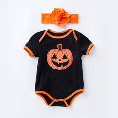 Halloween Baby Onesie Printed Short Sleeve Romper with Accessories 2-Piece Set Newborn Baby Party Outfit