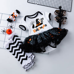 Halloween Baby Girl Costume with Embroidered Witch Hat, Short Sleeve Princess Dress and Socks Set