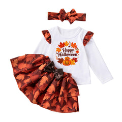 Halloween Maple Leaf Long Sleeve T-Shirt Set for Girls, Satin Maple Leaf Skirt with Headband, Thanksgiving Baby Party Outfit