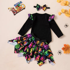 Halloween Baby Girl Outfit Set Colorful Pumpkin Print Long Sleeve Romper Skirt 3-Piece Set
