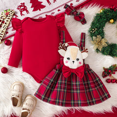 Cute Baby Girl Dress Set with Red Flutter Sleeves, 3D Deer Checkered Pattern, Christmas Outfit, Toddler Clothing Set