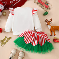 Children's Christmas Set: Snowman Print Striped Flutter Sleeve Top with Tulle Skirt, Festive Outfit for Girls, Two-Piece Set