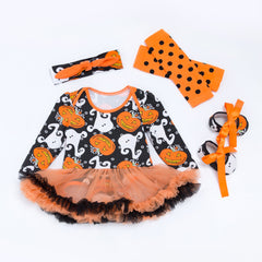 Cute Long Sleeve Romper Dress for Baby Girls, Halloween Pumpkin Outfit, 4-Piece Set
