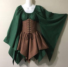 Adult Women Medieval Elf Fairy Elven Costume Wench Celtic Princess Dress Lace Up Waist Cincher Corset Set Halloween Party Dress