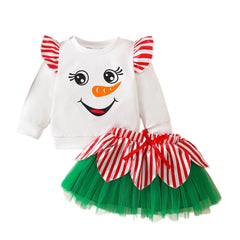 Children's Christmas Set: Snowman Print Striped Flutter Sleeve Top with Tulle Skirt, Festive Outfit for Girls, Two-Piece Set