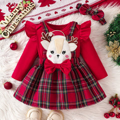 Cute Baby Girl Dress Set with Red Flutter Sleeves, 3D Deer Checkered Pattern, Christmas Outfit, Toddler Clothing Set