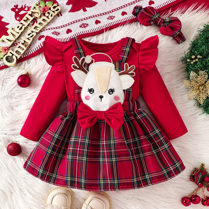 Cute Baby Girl Dress Set with Red Flutter Sleeves, 3D Deer Checkered Pattern, Christmas Outfit, Toddler Clothing Set