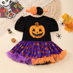 Halloween Baby Outfit Cartoon Pumpkin Tulle Romper Dress 2-Piece Set Baby Party Costume