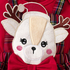 Cute Baby Girl Dress Set with Red Flutter Sleeves, 3D Deer Checkered Pattern, Christmas Outfit, Toddler Clothing Set