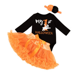 Cute Halloween Long Sleeve Romper with Purple and Orange Tutu Skirt Set for Baby Girls