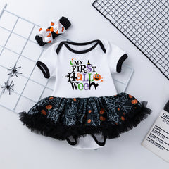 Halloween Baby Party Outfit Printed Pumpkin Short Sleeve Romper Dress with Hair Accessories 2-Piece Set Infant Onesie Dress