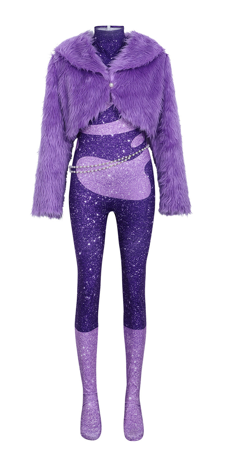Zootopia Shakira Cosplay Purple Sequin Bodysuit Faux Fur Coat Set Stage Performance Costume