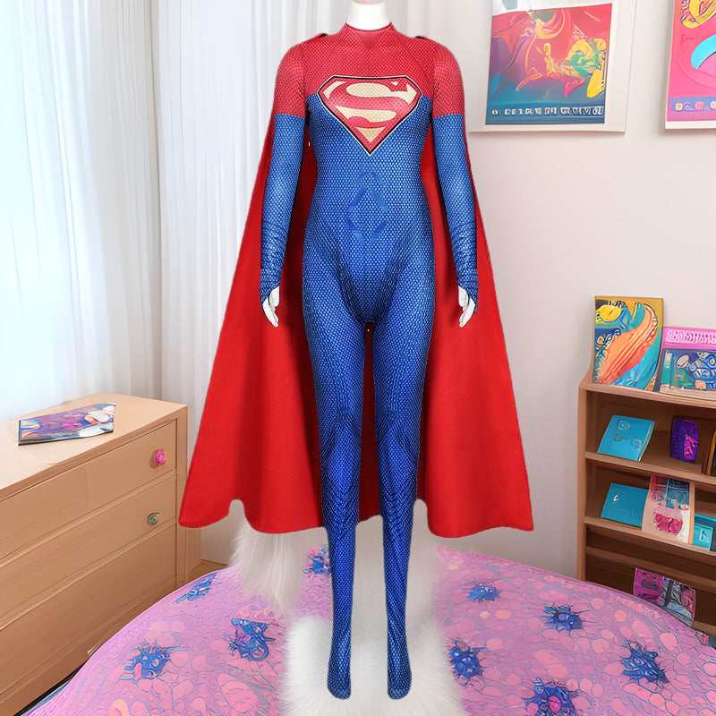 Superhero Cosplay Costume for Women, Bodycon Jumpsuit with Cape, Fantasy Style, Halloween Outfit