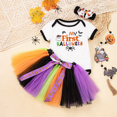 Baby Halloween Costume Cotton Short Sleeve Embroidered Witch Hat Pumpkin Romper Bowknot Handmade Set