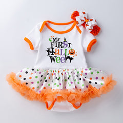 Halloween Baby Party Outfit Printed Pumpkin Short Sleeve Romper Dress with Hair Accessories 2-Piece Set Infant Onesie Dress