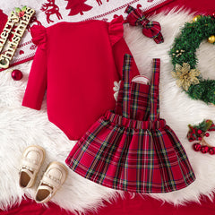 Cute Baby Girl Dress Set with Red Flutter Sleeves, 3D Deer Checkered Pattern, Christmas Outfit, Toddler Clothing Set