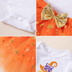 Cute Baby Halloween Costume Set with Pumpkin Witch Print Romper, Orange Tutu Style