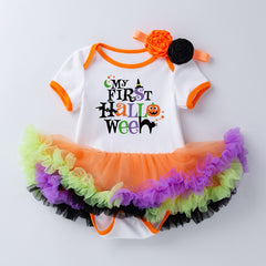 Halloween Baby Party Outfit Printed Pumpkin Short Sleeve Romper Dress with Hair Accessories 2-Piece Set Infant Onesie Dress