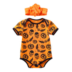 Halloween Baby Onesie Printed Short Sleeve Romper with Accessories 2-Piece Set Newborn Baby Party Outfit