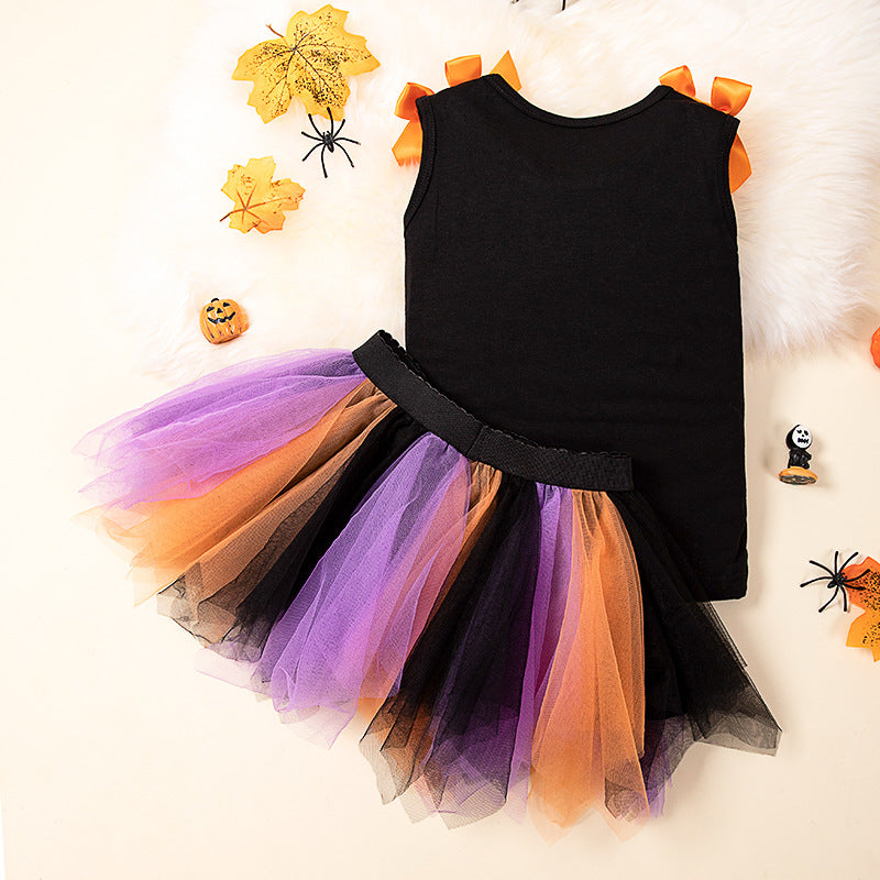 Halloween Kids Outfit 2-7 Years Girls Pumpkin Skull Vest T-Shirt & Cape Skirt Set