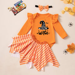Halloween Baby Girl Outfit Set Colorful Pumpkin Print Long Sleeve Romper Skirt 3-Piece Set
