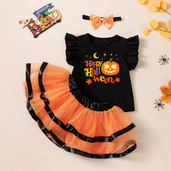 Halloween Kids Costume Set with Flutter Sleeve T-Shirt, Skirt, Ghost Print Festival Party Outfit