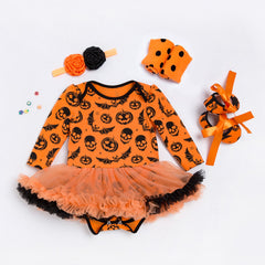 Cute Long Sleeve Romper Dress for Baby Girls, Halloween Pumpkin Outfit, 4-Piece Set