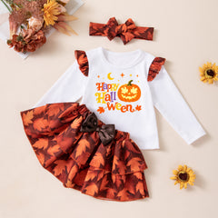 Halloween Maple Leaf Long Sleeve T-Shirt Set for Girls, Satin Maple Leaf Skirt with Headband, Thanksgiving Baby Party Outfit