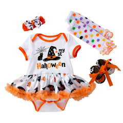 Halloween Baby Girl Costume with Embroidered Witch Hat, Short Sleeve Princess Dress and Socks Set