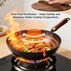 Hand-Forged Iron Wok 24/28cm Uncoated with Wood Lid for Induction Gas