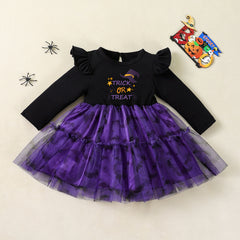 Halloween Girls' Dress with Flutter Sleeves, Black and Purple Tulle, Ghost and Bat Print, Party Costume, Cute Performance Outfit