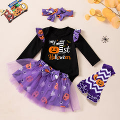 Cute Halloween Baby Girl Outfit Long Sleeve Romper with Ghost and Pumpkin Print, Skirt and Socks Set