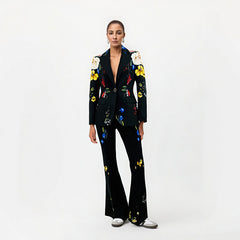 Stylish temperament digital printing one button suit flared pants set