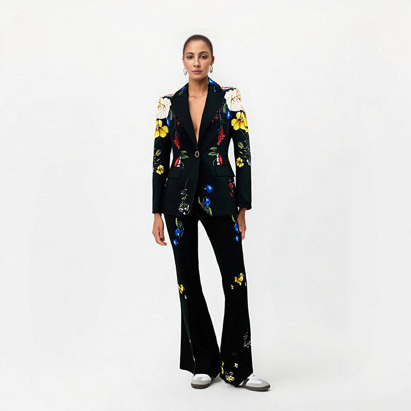 Stylish temperament digital printing one button suit flared pants set