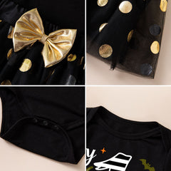 Cute Baby Halloween Long Sleeve Bodysuit with Gold Polka Dot Mesh Skirt, Headband, Pumpkin Socks Set - 4-Piece Outfit