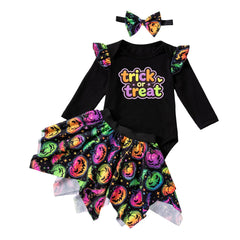 Halloween Baby Girl Outfit Set Colorful Pumpkin Print Long Sleeve Romper Skirt 3-Piece Set