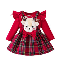 Cute Baby Girl Dress Set with Red Flutter Sleeves, 3D Deer Checkered Pattern, Christmas Outfit, Toddler Clothing Set