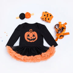 Cute Long Sleeve Romper Dress for Baby Girls, Halloween Pumpkin Outfit, 4-Piece Set