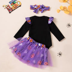 Cute Halloween Baby Girl Outfit Long Sleeve Romper with Ghost and Pumpkin Print, Skirt and Socks Set