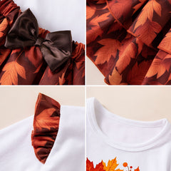 Halloween Maple Leaf Long Sleeve T-Shirt Set for Girls, Satin Maple Leaf Skirt with Headband, Thanksgiving Baby Party Outfit