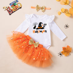 Cute Baby Halloween Costume Set with Pumpkin Witch Print Romper, Orange Tutu Style